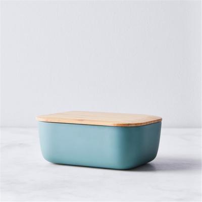 China Glaze Wares Durable Kitchen Tableware Matte Rectangle Ceramic Butter Dish Large With Wooden Lid for sale