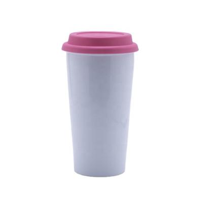 China Viable Wholesale Bulk Stock Custom Printed White Ceramic Coffee Travel Mug With Silicon Lid for sale