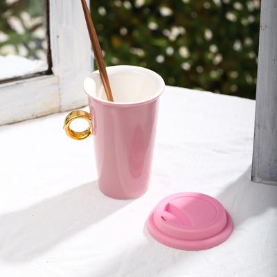 China Sustainable New Products Color Luster Double Wall Customized Ceramic Travel Mug With Silicone Lid / Ring Handle for sale