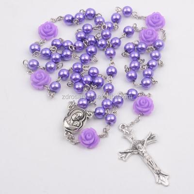 China Religious Factory Wholesale Holy Medal and Crucifix Purple Glass Bead Catholic Rosary Necklace with Rose Flowers for sale