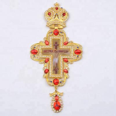 China Religious Gold Plated Handcrafted Epoxy Jesus Icon Greek Orthodox Liturgies Pectoral Cross For Prayers With Alloy Chain for sale