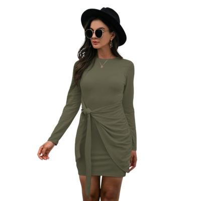 China Fashionable high quality anti-static solid color pencil empire wrap neckline long crew neck lace up solid dress short skirt for sale