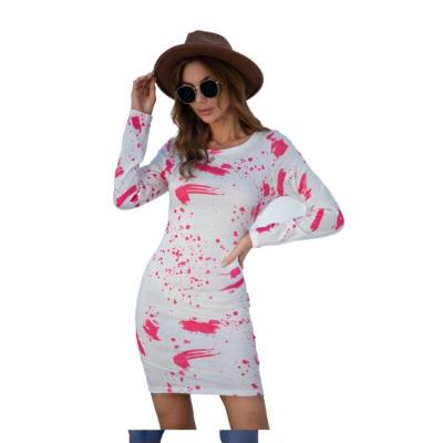 China High Quality Anti-Static Printing One Shoulder Stain Slim Long Sleeve Dress for sale