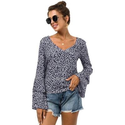 China High Quality Casual Floral Flare Long Sleeve V Neck Loose Top T-Shirt Women for sale