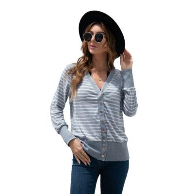 China High Quality Anti-wrinkle V-neck Self-cultivation Striped Stitched Breasted Cardigan Jacket Women for sale