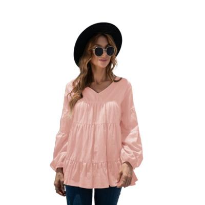 China High Quality Anti-wrinkle Solid Color Three Quarter Sleeve V-Neck Lantern Long Sleeve Baby Shirt Women for sale