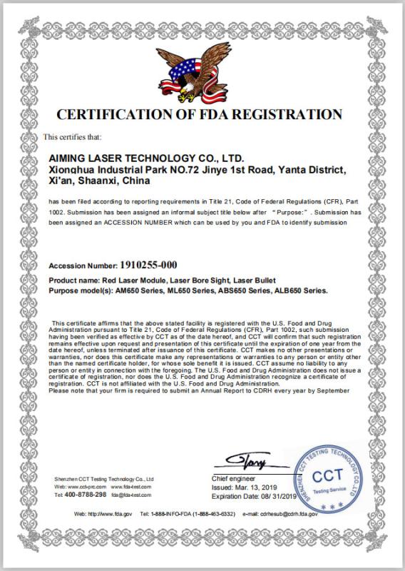 Red Laser Modules FDA Certificate - Aiming Laser Technology Co., Ltd.