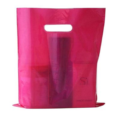 China Disposable Shoes Clothing Packing Glossy Pink Die Cut Handle Apparel Packaging Bag for sale