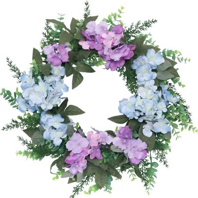 China Colorful 2022 Beautiful Artificial Hydrangea Eucalyptus Plant Garland Fake Green Wreath For Wedding Front Door Decoration for sale