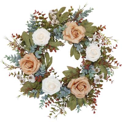 China Beautiful New Colorful Wedding Party Decor Artificial Silk Rose Flower Wreath Faux Floral Autumn Garland For Front Door Home style for sale