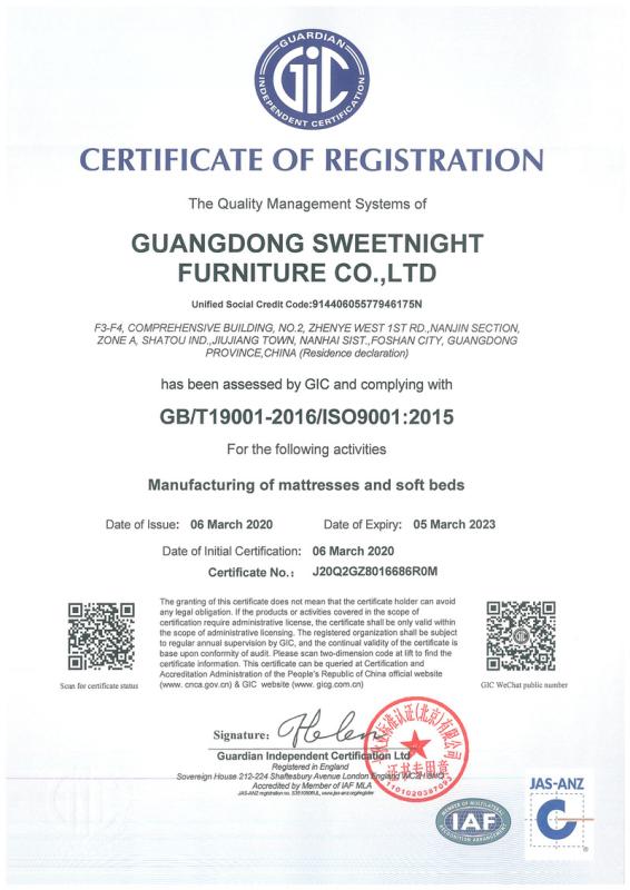 ISO9001 - Guangdong Sweetnight Home Co., Ltd.