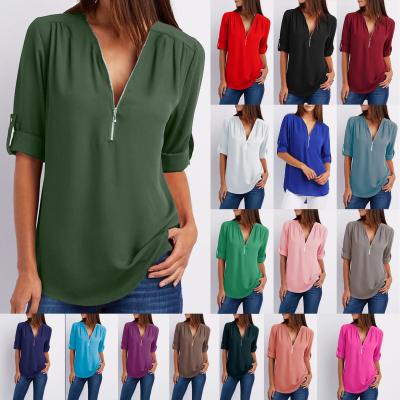 China Autumn Casual Zipper Summer V-neck Chiffon Ladies Anti-Shrink Women Shirts Long Sheath Top Women Shirts for sale