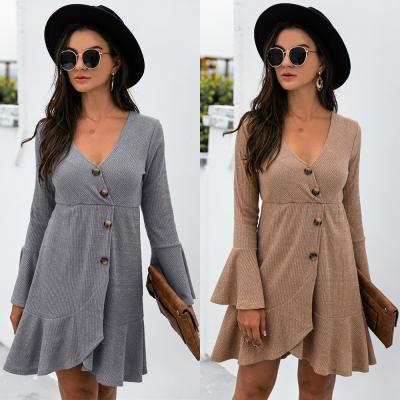 China Breathable Ladies Knitted Summer Dress Short Skirt Button Knit Dress Flare Sheath Classic V-Neck Ruffle Hot Sale Loungewear for sale