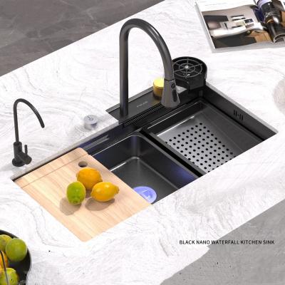 China With Faucet Abundant Free Accessories Black Kitchen Black Sink Nano Kitchen Sink With Glass Washer for sale