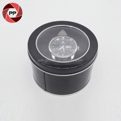 China Round Biscuit Cookie Shape Slip Lid Watch Tin Box With Clear Window for sale