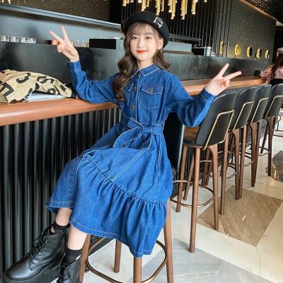 China Factory direct washable fashionable solid blue lapel denim clothing long sleeve belted denim dress for sale