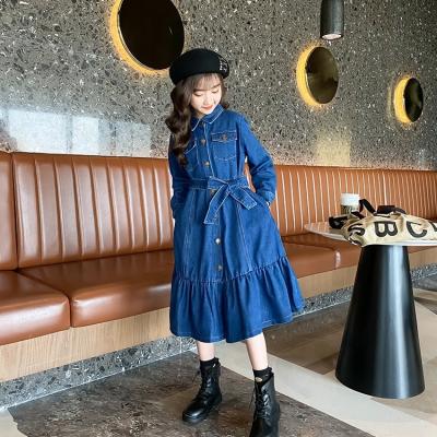 China Hot Selling Washable Long Sleeve Fit Denim Dresses Belted Waist Was Long A Line Skirt Slim for sale