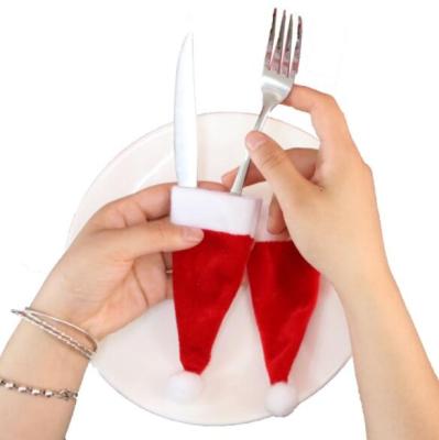 China Christmas tableware decoration 4g red wine bottle hat flannel christmas hat knife and fork set 6x15cm for sale