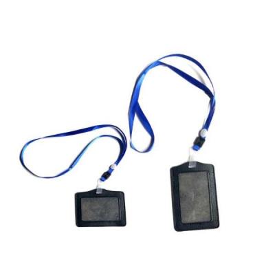 China Polyester Custom Black PU Leather ID Card Holder With Lanyard for sale