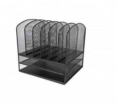 China Desktop File Organizer Metal Mesh Office Folder Magazine Rack Desk Organizer with 6 Vertical 2 Horizontal Sections for sale