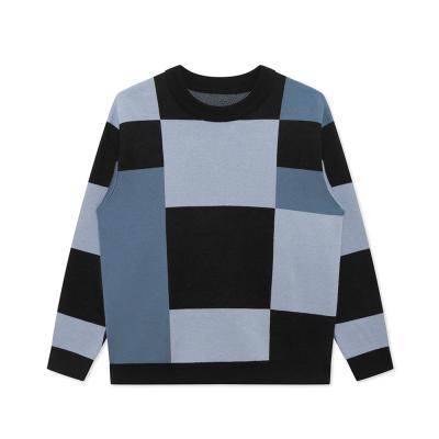 China 2021 Anti-wrinkle Custom OEM Mens Color Checked Sweater Contrast Color Patchwork Round Neck Loose Knitted Long Sleeve Sweaters For Man for sale