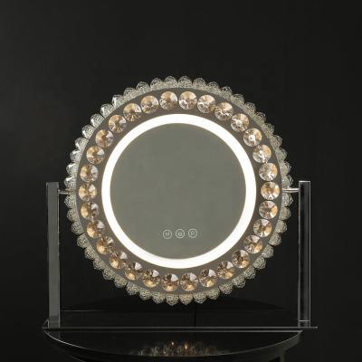 China Hot Selling Crystal Led Makeup Mirror Round Touch Stainless Switch Vanity Table Mirror Lighted Hot Selling Cosmetic Speculum for sale