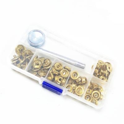 China Sustainable Brass Snap Button 25 Sets In A Plastic Storage Box With Golden Tools Eco - Friendly For Clothes And Bags 1.3 Cm For Hat 203# for sale