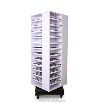 China Durable Retail System Store Display Shelf Revolving Wood Floor Display MDF Shelves With Plastic Bins for sale