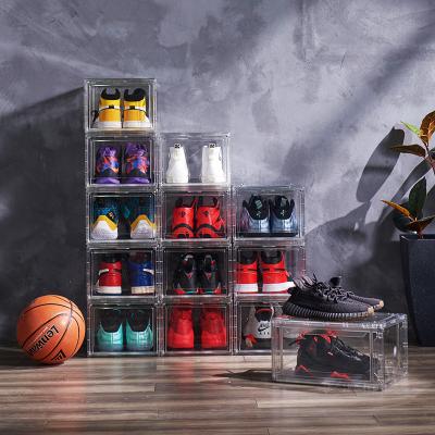 China Plastic Stackable Magnetic Shoe Storage Box Transparent Viable Drop Front Open Sneaker Organizer Bins Display Organizer Shoe Box for sale