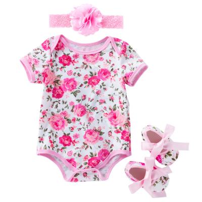 China Casual Babies Floral Outfit Kids Romper Clothes Short Sleeve Jumpsuit Headband Shoes Kids Sets for sale