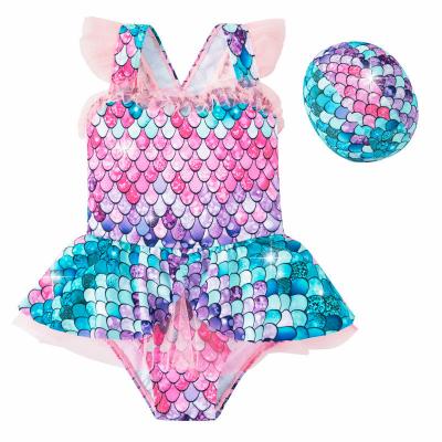 China Newest Breathable Kids Swimwear For Girls Mermaid Printing Cute Teen Lace Bikini Set Tulle One Piece Skirt for sale