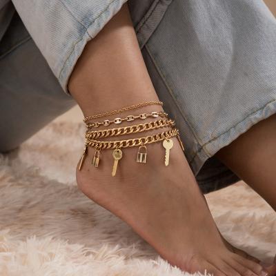 China Durable simple punk style anklet chain fashion personality lock multi-piece thin chain anklets for women for sale