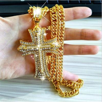 China Hiphop Hot Rock Dance Cross Pendant Necklace 24k Gold Thick Long Chains For Men hiphop Crystal Jewelry punk for sale