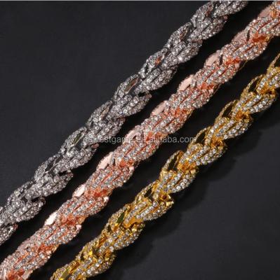 China /Free shipping American hiphop men's jewelry 9mm diamond-encrusted casual alloy gold twist necklace 18inch 20inch 24inch for sale