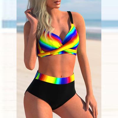 China 2022 New Plus Size Swimsuit Beach Sports Shorts Gym Yoga Triangle Rainbow Bar Bikini Slit Plus Size Swimwear Bikini for sale