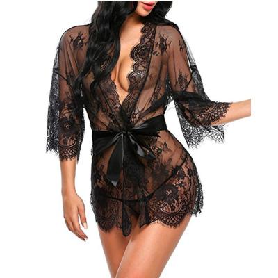 China QUICK DRY Honeymoon Night Wear Sexy Lingerie Lace Long Robe Black Two Piece Pajamas and Robe Thong for Women Set for sale