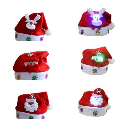 China Hot Sale Eco-Friendly Cute Funny Classic Cloth Santa Claus Snowman Elk Bear Christmas Red Hats Led Winter Christmas Hats With Lights for sale