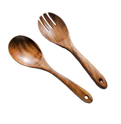 China Stocked K and B Kitchen 2PCS Handle Long Acacia Salad Spoon and Fork Wooden Utensils Set for sale