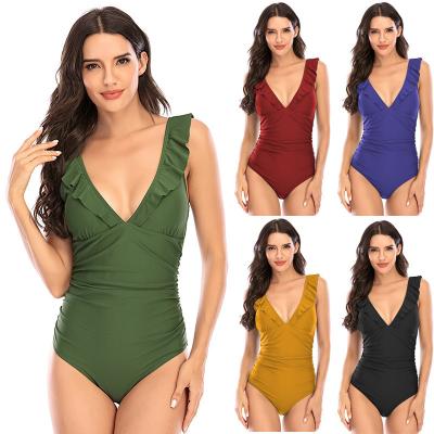 China QUICK DRY Women's V-Neckline One Piece Swimsuit Ruffled Lace Up Monokini Solid Color Flying Edge Swimwear For Women for sale