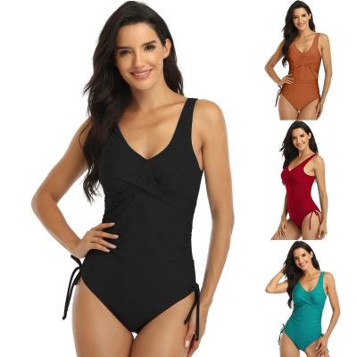 China QUICK DRY Solid Color Women's Drawstring Front One Piece Swimsuits One Piece Swimsuit Women Cross Swimwear for sale