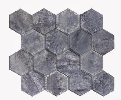 China Parquet Inkjet dark grey color with Stone grain glass mosaic Hand painting crystal glass mosaic HF-GM216 for sale