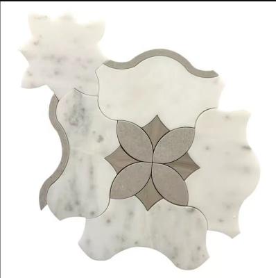 China Parquet Waterjet marble mosaic Lily shape natural stone mosaic marble mix stainless mossaic tile for sale