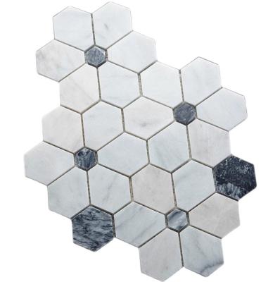 China Parquet Waterjet marble mosaic flower shape natural stone mosaic marble mix stainless mosaic tile for kitchen for sale