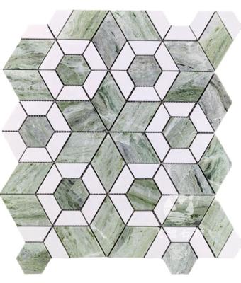 China Parquet Waterjet marble mosaic  Hexagon  shape natural stone mosaic marble mix stainless mossaic tile for sale