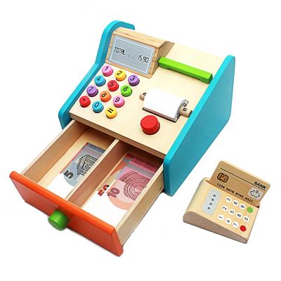 China Mini Supermarket Checkout Counter Cash Register Toy Pretend Play Wooden Checkout Wholesale Wooden Toys for sale