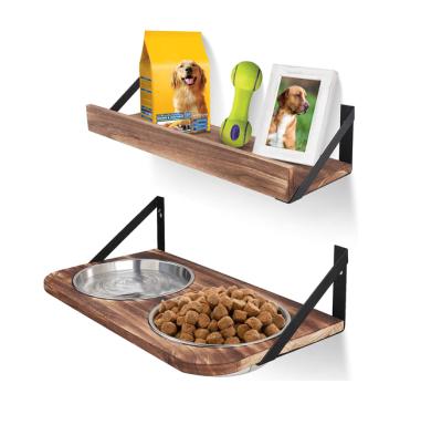 China Non-Automatic Wall Mounted Elevated Pet Feeder With 2 Stainless Steel Dog Or Cat Rustic Wooden Raised Dog Pet Bowls Dishes And Storage Shelf for sale