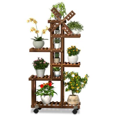 China Modern Hot Sale Rustic Vintage Brown Plants Display Stands Wooden Shelf Flower Rack Tiered Planter Pots for sale