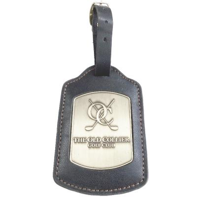 China Custom Sublimation Metallic Leather Luggage Tag Golf Bag Tag With Metal Logo And Leather Strap for sale