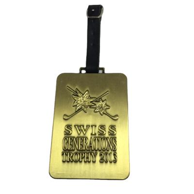 China Custom Embossed Metallic Logo Enamel Golf Bag Tag Luggage Tag With Leather Strap for sale