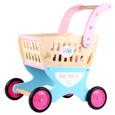 China Pretend 2022 Wooden Toy Play Set Kid Pink Supermarket Trolley Play Set Toys Baby Shopping Cart For Children for sale